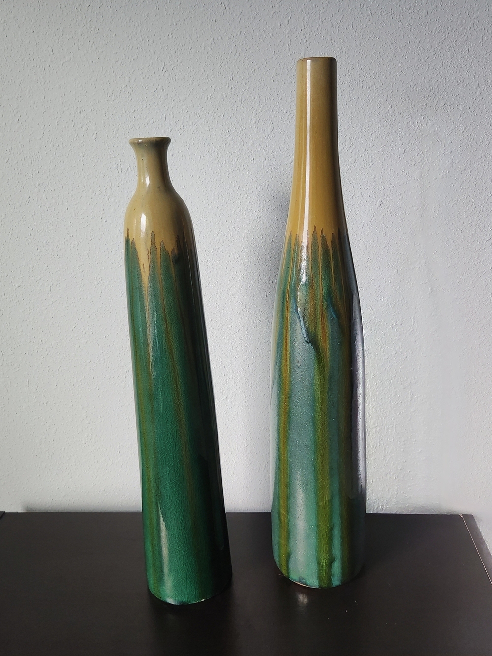 Tall Ceramic Drip-Glaze Vases in Teal and Beige
